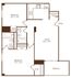 Chic floor plan featuring two spacious bedrooms, two modern bathrooms, open-concept living area, efficient kitchen, and inviting balcony.