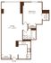 Modern 1-bedroom floor plan showcasing spacious living area, well-equipped kitchen, and ample storage space.