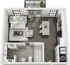 Modern studio apartment layout featuring an inviting open-concept living area, sleek kitchen with island seating, cozy bedroom, and stylish bathroom. Includes balcony access for relaxation.