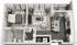 Modern 3D floor plan showcasing a spacious one-bedroom apartment with an open-concept living and kitchen area, sleek bathroom, and cozy balcony.