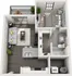 Modern 3D floor plan with one bedroom, cozy living area, stylish kitchen island, and private balcony, featuring elegant design and efficient layout.