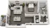 Modern floor plan featuring a cozy bedroom, sleek bathroom, open-concept living area with fireplace, stylish kitchen, and private balcony.