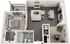 Inviting 3D floor plan showcasing a cozy one-bedroom apartment with an elegant open-plan living area, modern kitchen island, and private balcony.