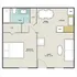 Livable and open 1-bedroom floor plan featuring a modern kitchen, open-concept dining area, spacious living room, and a well-appointed bathroom.