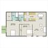 Stylish floor plan showcasing 2 bedrooms, 2 bathrooms, a modern kitchen, dining area, living room, and balcony.