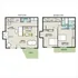 Inviting two-story floor plan with 2 bedrooms, open living area, and modern kitchen, featuring a patio and balcony.