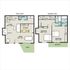 Inviting two-story floor plan with 2 bedrooms, open living area, and modern kitchen, featuring a patio and balcony.