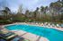 Inviting outdoor pool area with vibrant lounge chairs, surrounded by lush greenery and tall trees, perfect for relaxation and leisure.