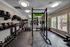 Modern apartment gym with Rogue fitness equipment, free weights, and spacious workout area offering a vibrant natural view.