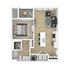 Modern 2D floor plan showcasing a 1-bedroom apartment with open-concept living area, sleek kitchen, cozy balcony, and spacious bathroom.