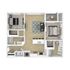 Modern floor plan featuring two spacious bedrooms, an open-concept living and dining area, sleek kitchen with island, and two bathrooms.