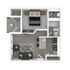 Chic 1-bedroom apartment floor plan with an open-concept living area, modern kitchen, and private balcony.