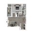 Chic apartment floor plan showcasing a modern one-bedroom suite with spacious living area, elegant kitchen, and private balcony.
