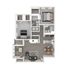 Modern 3D floor plan showcasing two spacious bedrooms, two bathrooms, an open living and dining area, and a stylish kitchen.