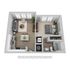 Modern 3D floor plan showcasing a stylish 1-bedroom apartment with an open living area, sleek kitchen, and compact bathroom.