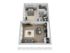 Charming 3D floor plan showcasing a cozy 1-bedroom apartment with an open living area, modern kitchen, and convenient in-unit laundry.