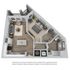 Inviting 3D floor plan featuring a modern kitchen, cozy living room with balcony access, spacious bedroom, chic bathroom, and in-unit washer/dryer.