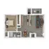 Modern floor plan featuring a spacious bedroom, elegant bathroom, open living area, and cozy outdoor patio.