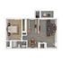 Modern 1-bedroom apartment floor plan showcasing an open-concept living and dining area, sleek kitchen, and cozy balcony.