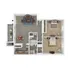Elegant 2D floor plan showcasing 2 spacious bedrooms, a modern kitchen, inviting living area, and a cozy balcony space.