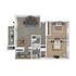 Elegant 2D floor plan showcasing 2 cozy bedrooms, open-concept living and dining area, modern kitchen, and charming balcony.