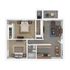 Modern 2D floor plan featuring two spacious bedrooms, an open-concept living and dining area, stylish kitchen, and cozy balcony.