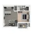 Modern 1-bedroom floor plan with an open-concept living area, sleek kitchen with island, and cozy private balcony.