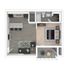 Modern 1-bedroom apartment floor plan featuring an open-concept kitchen and living area, spacious bathroom, and a charming balcony.