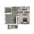 Chic 1-bedroom floor plan showcasing an open-concept living and dining area, modern kitchen, and sleek bathroom, perfect for urban living.