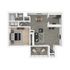 Modern 2D floor plan showcasing a spacious 1-bedroom apartment with open-concept living and dining area, sleek kitchen, and cozy balcony.