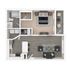 Modern 1-bedroom apartment floor plan with open-concept kitchen and living area, spacious bathroom, and cozy balcony.