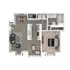 Chic 2D floor plan showcasing 1 bedroom apartment with an open living room, modern kitchen, and elegant bathroom design.
