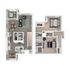 Elegant 3D floor plan showcasing a two-level apartment with two bedrooms, spacious living area, modern kitchen, and two bathrooms.