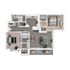 Modern floor plan showcasing 2 luxurious bedrooms, spacious living area, sleek kitchen, and 2 elegant bathrooms with a balcony view.