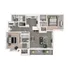 Modern 3D floor plan featuring two spacious bedrooms, stylish open-concept living area, and a large kitchen with island bar.