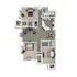 Modern 3D floor plan of a spacious apartment featuring three bedrooms, an open-concept living and dining area, and a sleek kitchen with ample cabinetry.