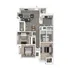 Modern floor plan showcasing two bedrooms, open-concept living and dining area, sleek kitchen, and dual bathrooms, designed for comfort and style.
