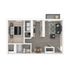 Modern floor plan featuring a spacious 1-bedroom apartment with an open-concept living area, sleek kitchen, and cozy balcony.