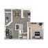 Luxury floor plan showcasing 1 spacious bedroom, open-concept living and dining area, modern kitchen, and cozy balcony.