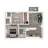 Modern floor plan showcasing 2 bedrooms, a stylish living room, elegant kitchen, and cozy balcony.