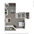 Modern L-shaped floor plan featuring a spacious one-bedroom layout, open-concept kitchen with island, cozy living area, and private balcony.