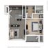 Modern 1-bedroom apartment floor plan featuring an open-concept kitchen, cozy living area, and spacious walk-in closet.