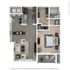 Modern floor plan showcasing an open-concept living area with kitchen, cozy living room, spacious bedroom, and stylish bathroom.
