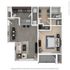 Chic floor plan showcasing a modern 1-bedroom apartment with open-concept living and dining area, sleek kitchen, and stylish bathroom.