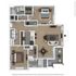 Modern 2D floor plan showcasing 2 spacious bedrooms, a sleek kitchen, open living area, and cozy patio space for relaxation.