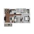 Modern 2-bedroom apartment floor plan with open living room, sleek kitchen, and cozy balcony.