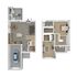 Modern 3D floor plan showcasing a two-story apartment with two bedrooms, open-concept living area, stylish kitchen, and integrated garage.