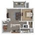 Inviting floor plan showcasing a spacious 1-bedroom apartment with open living area, modern kitchen, and cozy patio.