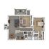 Modern floor plan showcasing a spacious 2-bedroom apartment with a cozy living room, elegant kitchen, and private balcony.