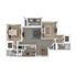Chic apartment floor plan with 2 bedrooms, open living area, modern kitchen, and a cozy balcony.